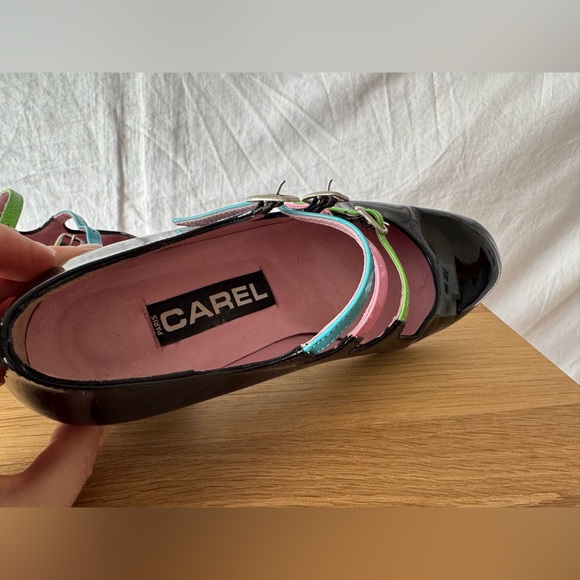 CAREL Ariana black patent with multi color strap 37 7 EUC Mary Jane - Picture 4 of 8